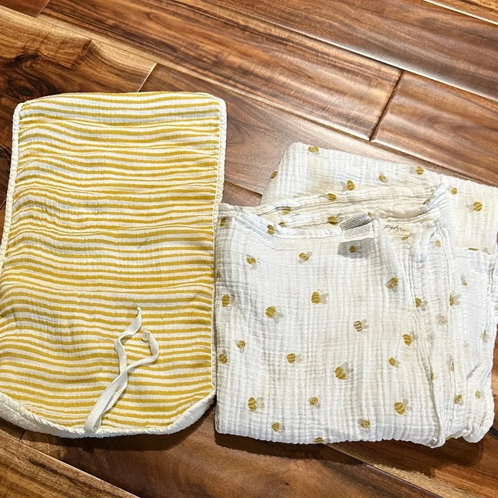 Pehr Swaddle and Burp Cloth Set in Mustard Bee Print - Kids Accessories